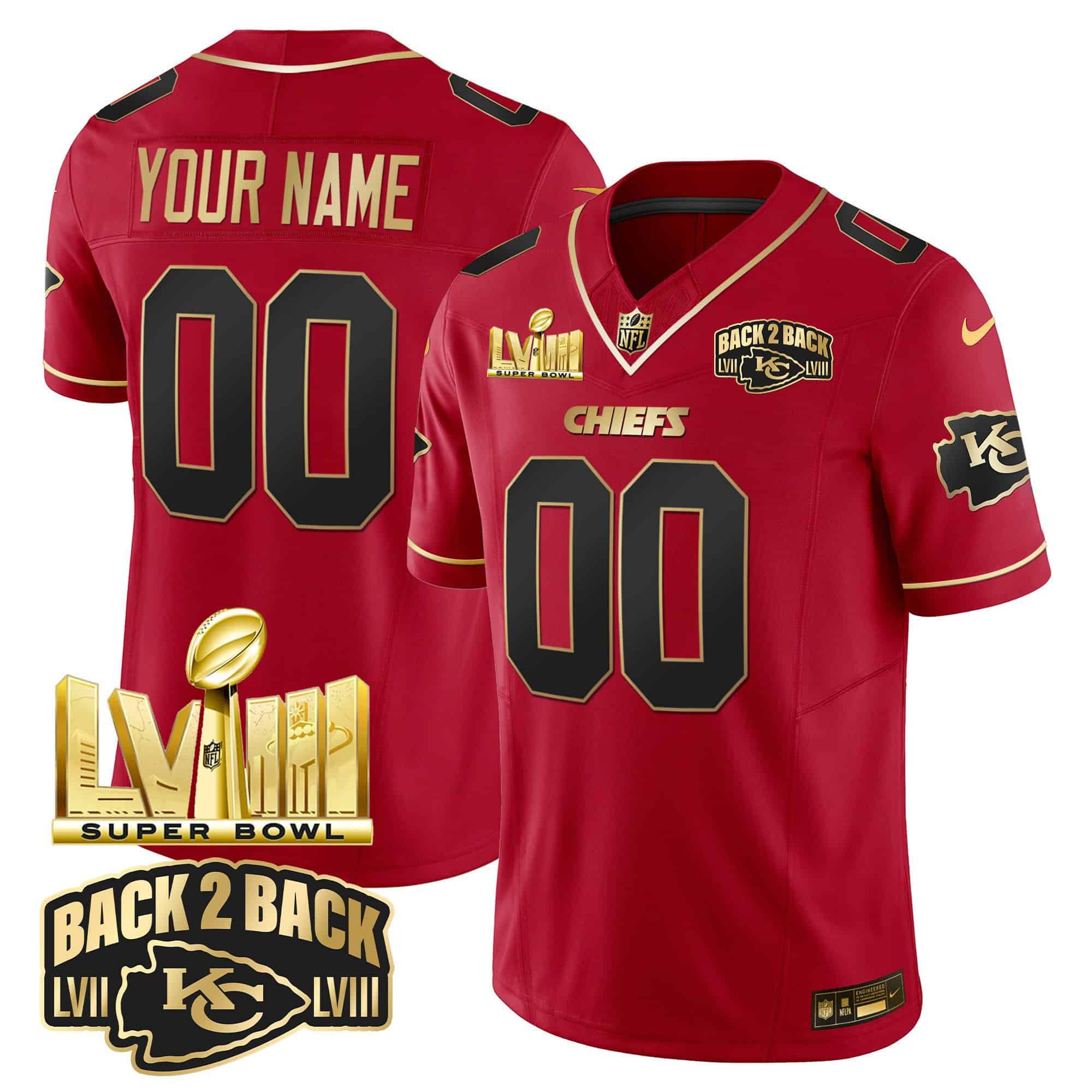 Men Kansas City Chiefs Red 2024 Nike Super Bowl LVIII & Back-2-Back Gold Patch Vapor Custom NFL Jersey style 2
